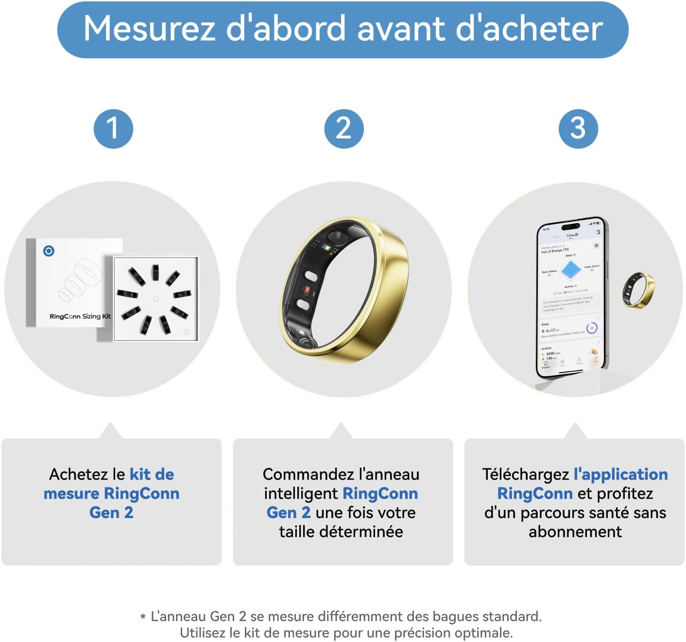 RingConn Gen 2 Smart Ring, Premier Au Monde avec Surveillance OSA, Pas d'abonnement à l'application, 12 Jours de Batterie, Tracker de Stress/Fréquence Cardiaque/Santé Féminine, Compatible avec Android