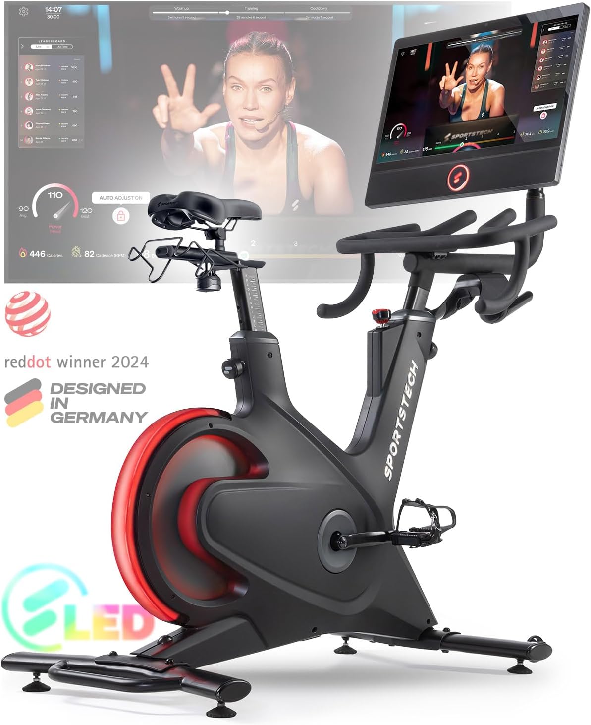 Sportstech vélo d’appartement sBike avec écran tactile 21;5" application avec cours en direct