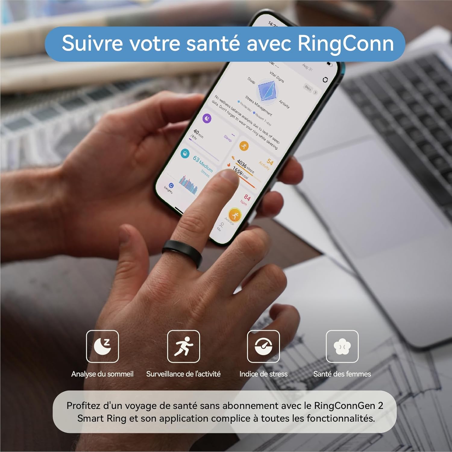 RingConn Gen 2 Smart Ring, Premier Au Monde avec Surveillance OSA, Pas d'abonnement à l'application, 12 Jours de Batterie, Tracker de Stress/Fréquence Cardiaque/Santé Féminine, Compatible avec Android
