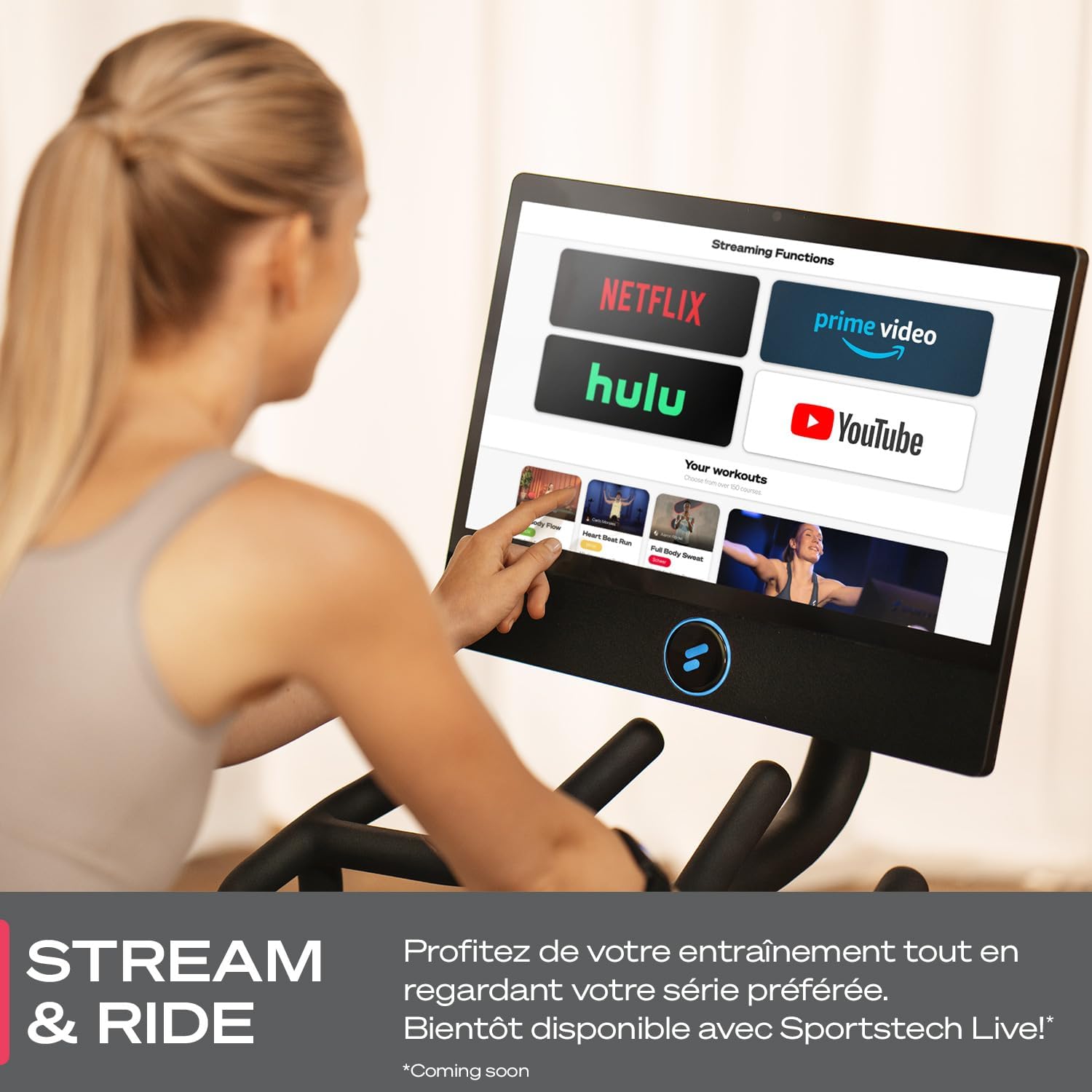 Sportstech vélo d’appartement sBike avec écran tactile 21;5" application avec cours en direct