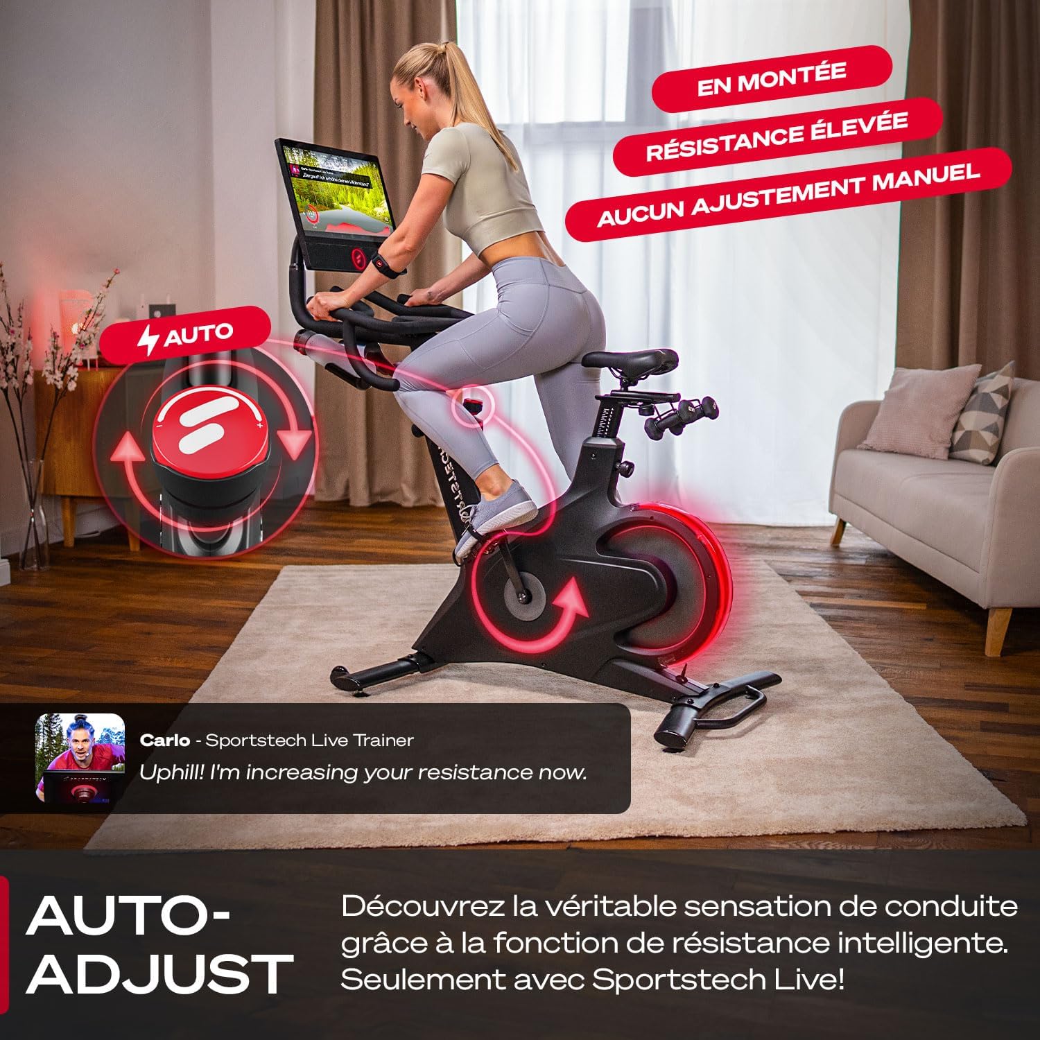 Sportstech vélo d’appartement sBike avec écran tactile 21;5" application avec cours en direct